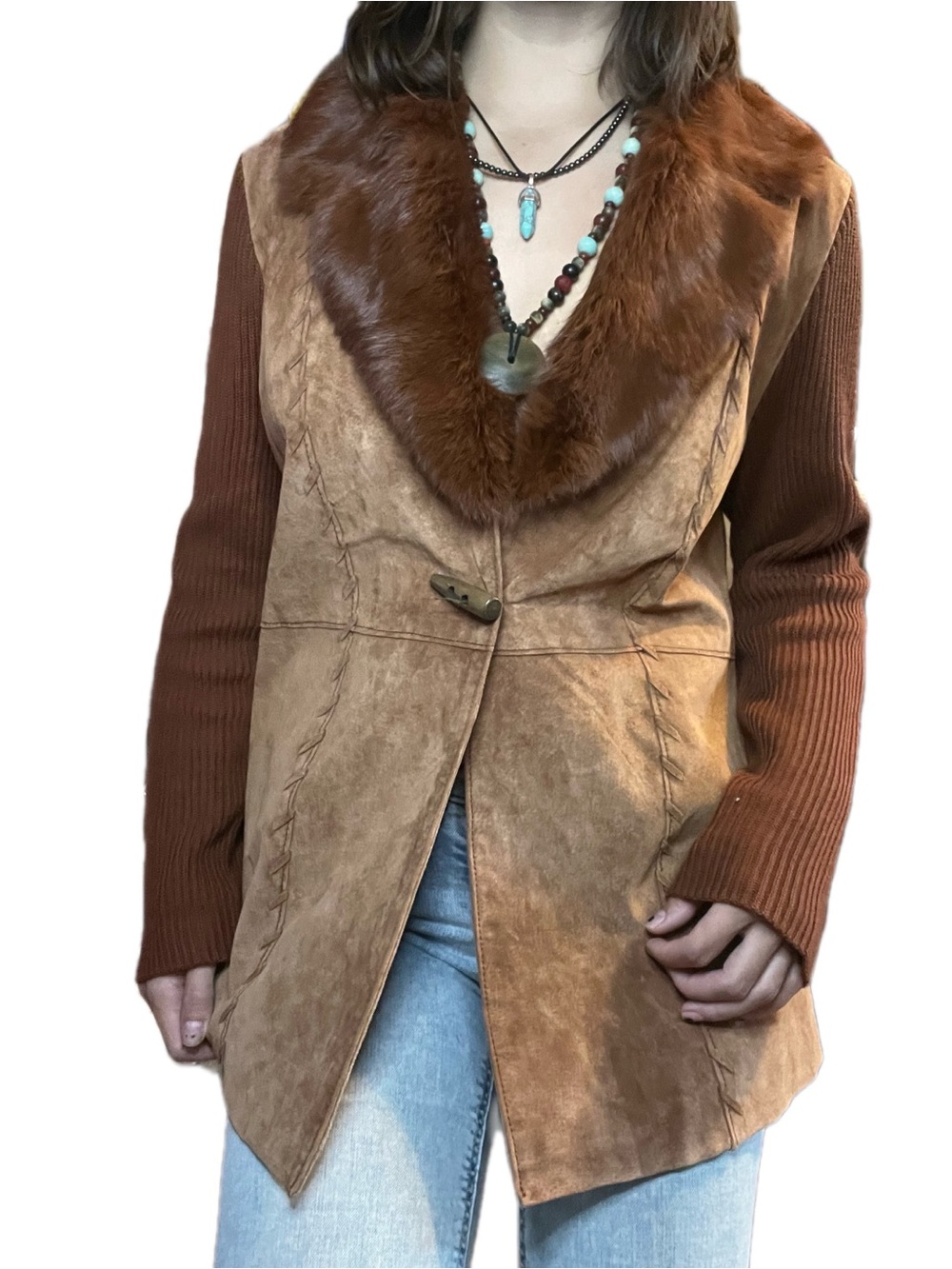 VINTAGE NYGÅRD COLLECTION Chestnut Leather Jacket Real Rabbit Fur Collar Y2K M